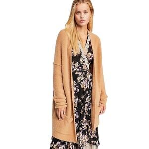 Free People Phantom WMS Open Front Boucle Cardigan SZ SM Camel Wool Mohair Blend